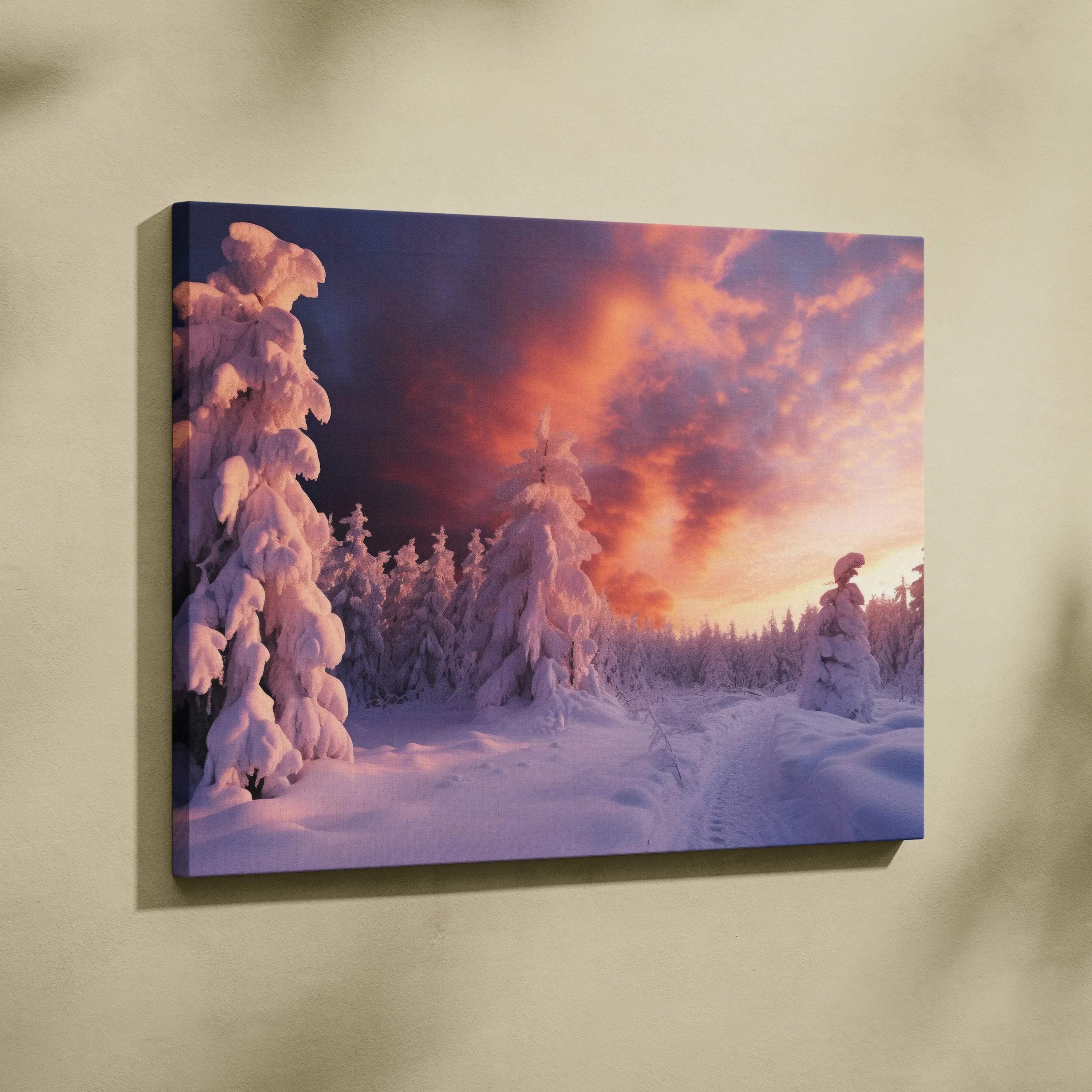 Winter snowy sunset scene canvas wall art with purple and orange sky decor.