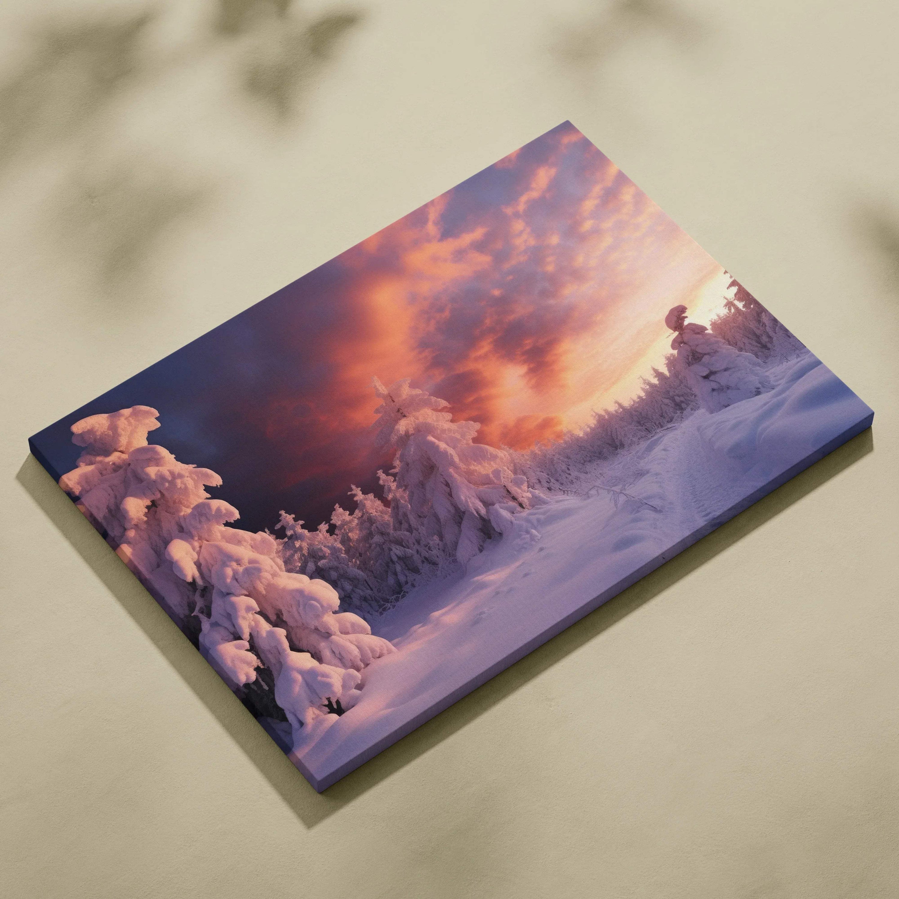 Canvas wall art featuring a snowy forest landscape with vibrant orange and purple sunset sky.