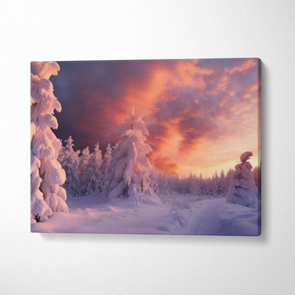 Winter snowy landscape canvas wall art with vibrant orange sunset sky and snow-covered trees decor.