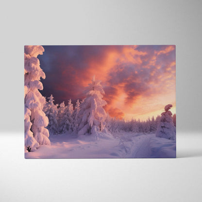 Canvas wall art featuring a snowy forest at sunset with vibrant orange and purple sky decor.