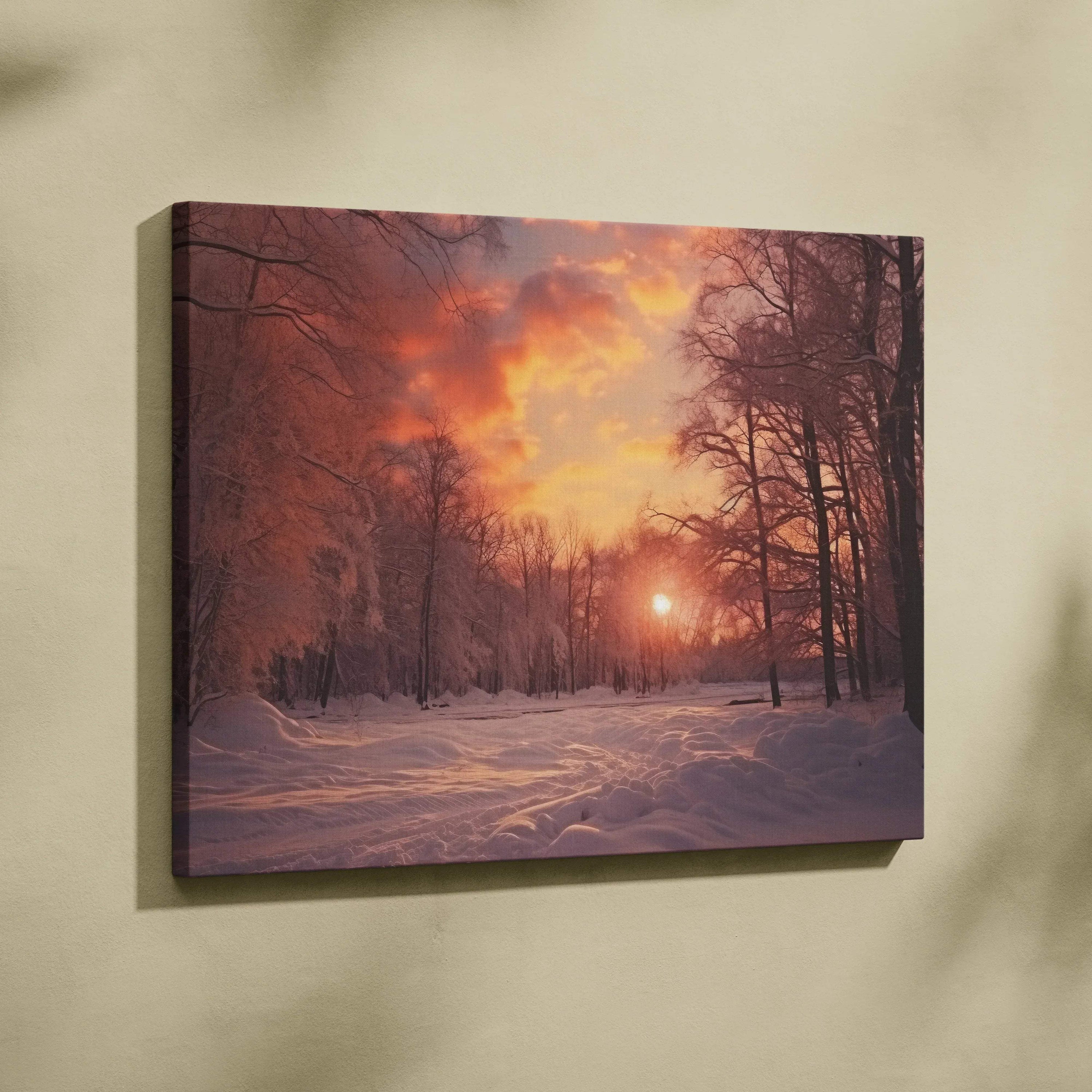 Rectangular canvas wall art featuring a snowy forest scene at sunset with warm orange and purple hues and silhouetted trees.