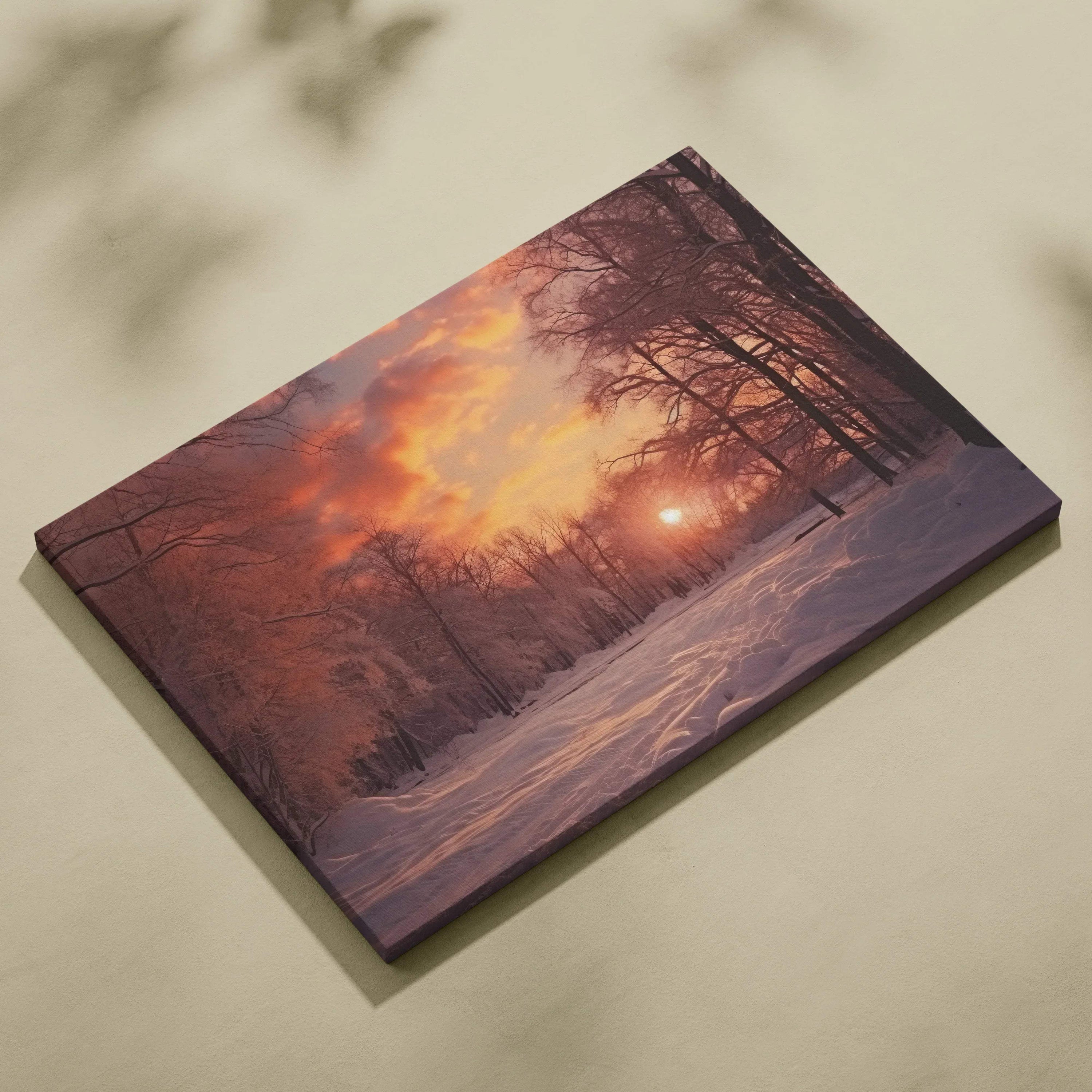 Canvas wall art featuring a snowy winter landscape with a vibrant orange and purple sunset behind silhouetted trees for home