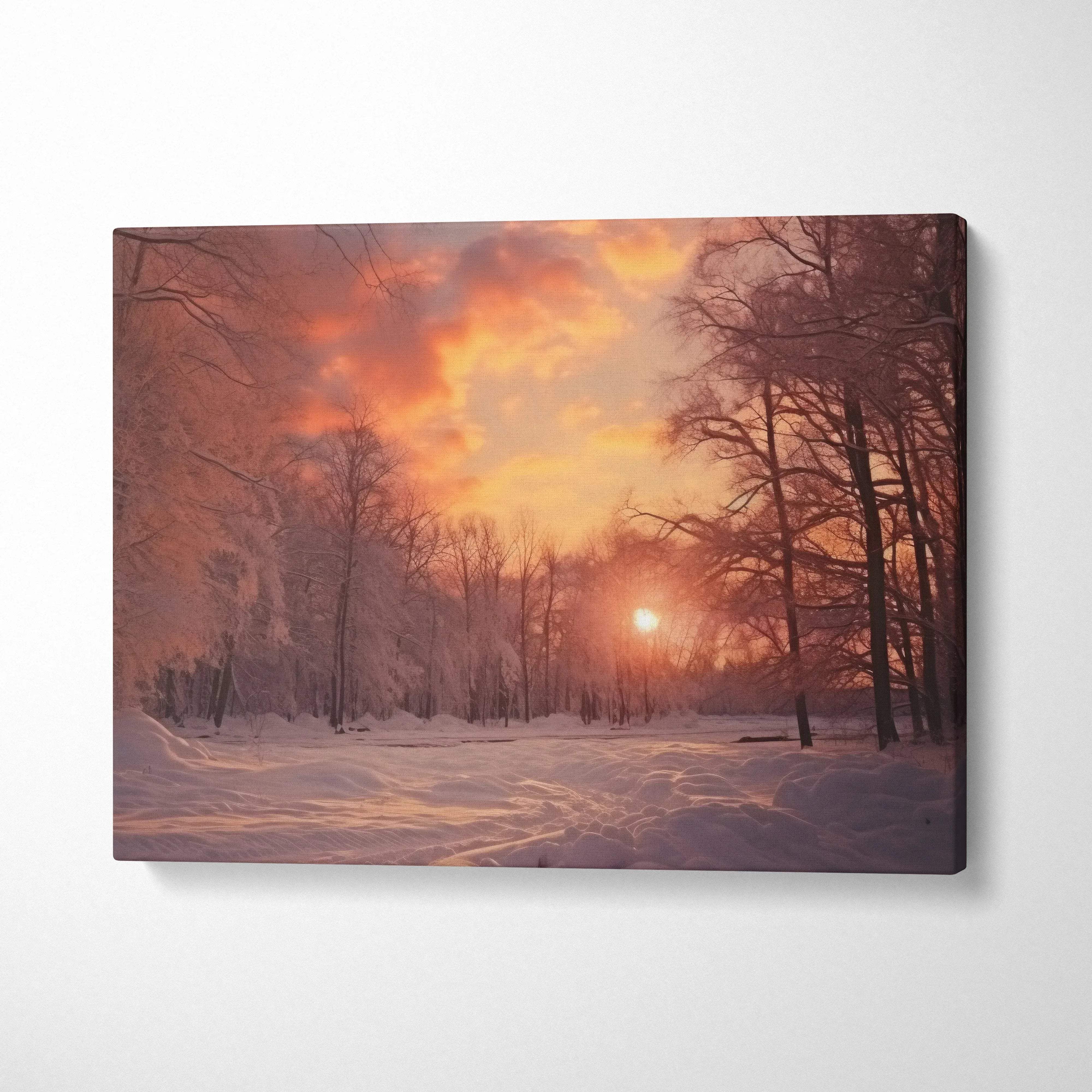 Snowy forest sunset canvas wall art with warm orange sky, winter decor painting.