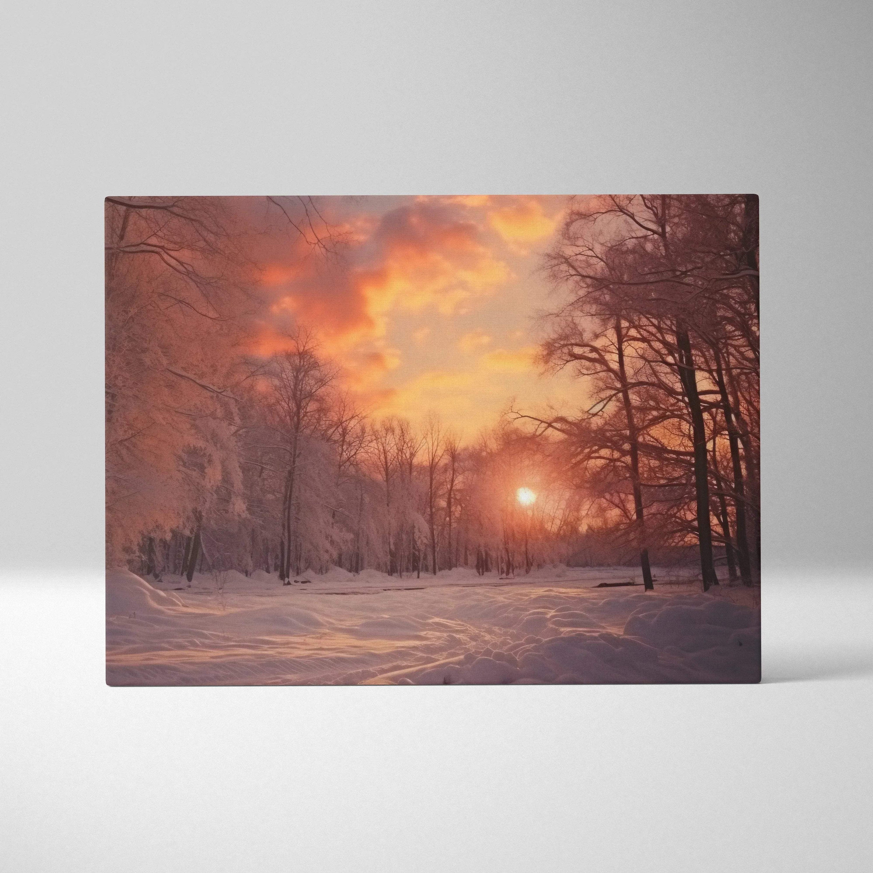 Canvas wall art depicting a snowy winter landscape with trees silhouetted against a vibrant orange and pink sunset sky.