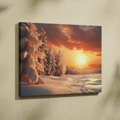 Canvas wall art featuring a snowy forest landscape bathed in warm orange and pink sunset light, perfect for cozy home decor.