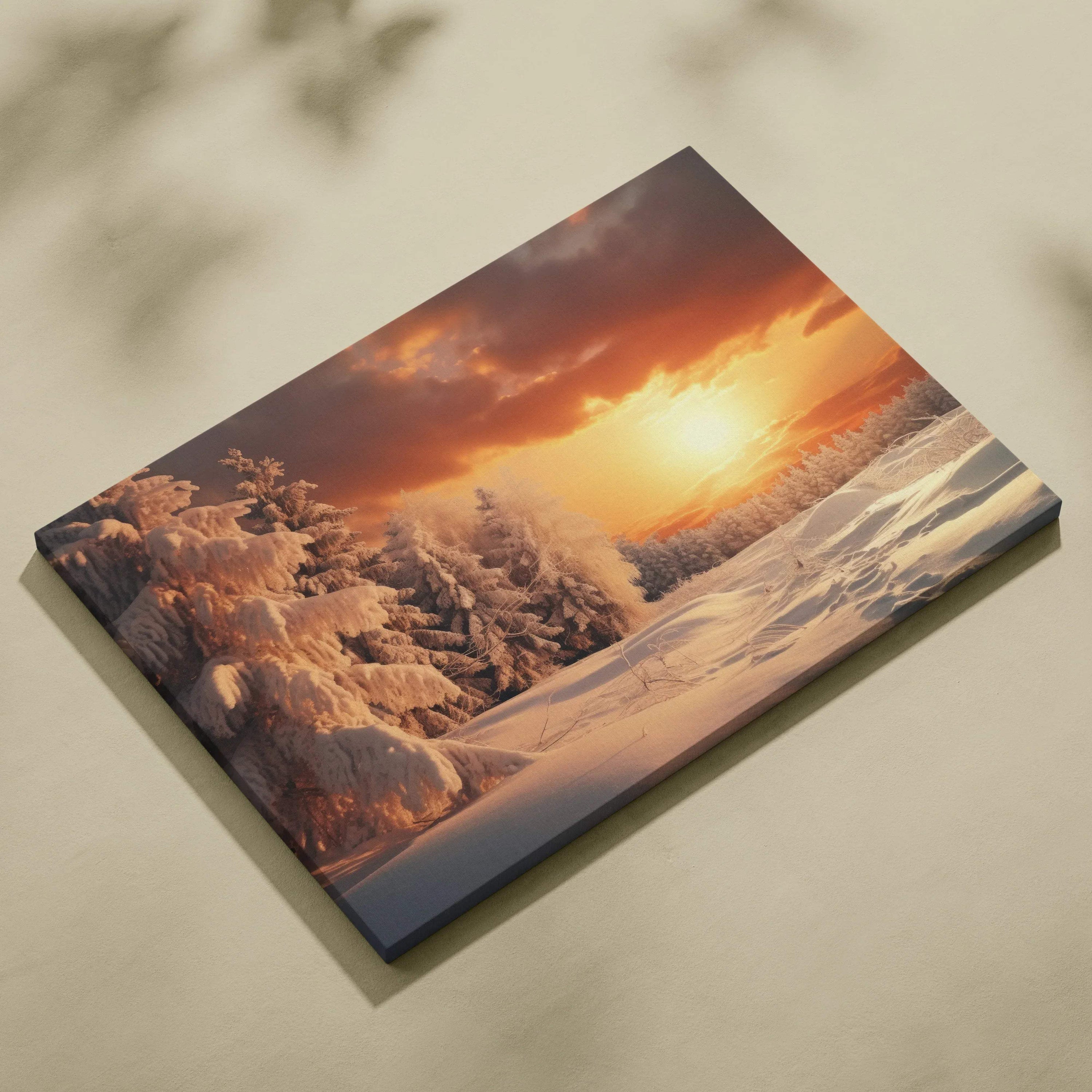 Canvas wall art featuring a snowy landscape at sunset with warm orange and purple sky hues and snow-covered trees.