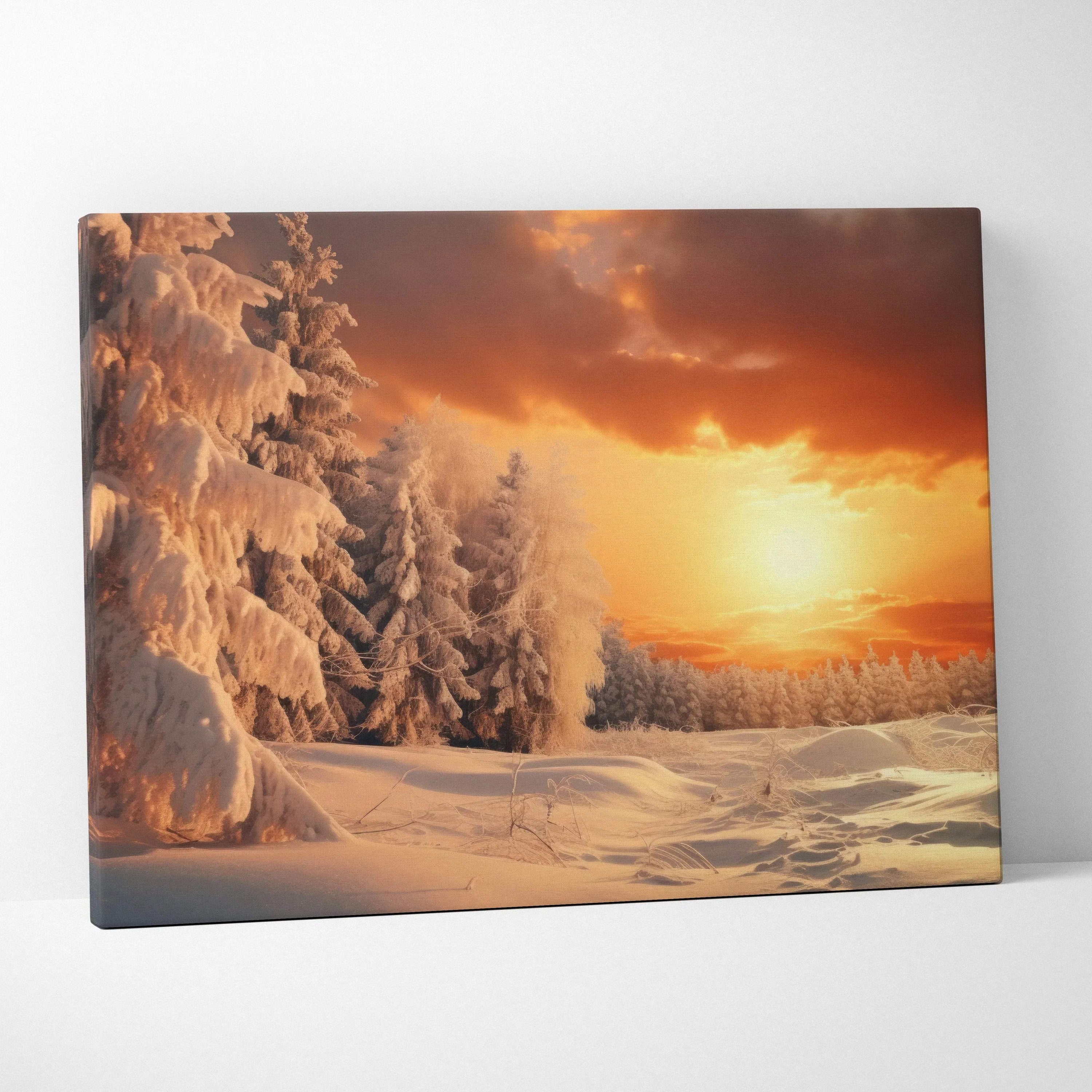 Canvas wall art featuring a snowy forest landscape at sunset with warm orange and yellow sky tones.