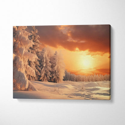 Canvas wall art featuring a snowy forest at sunset with warm orange and pink sky tones for decor.