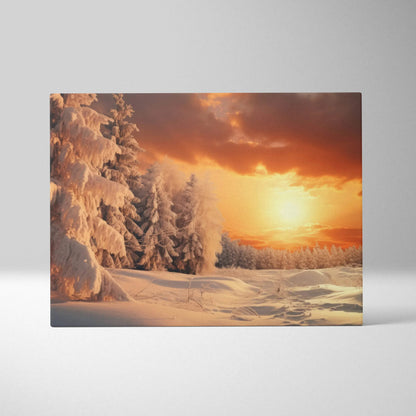 Canvas wall art depicting a snowy winter landscape with tall frosted trees under a vibrant orange sunset sky.
