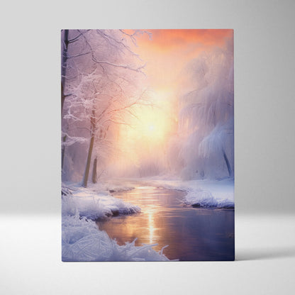 Canvas wall art of a snowy winter landscape with a glowing dreamy sunset reflecting on a river.