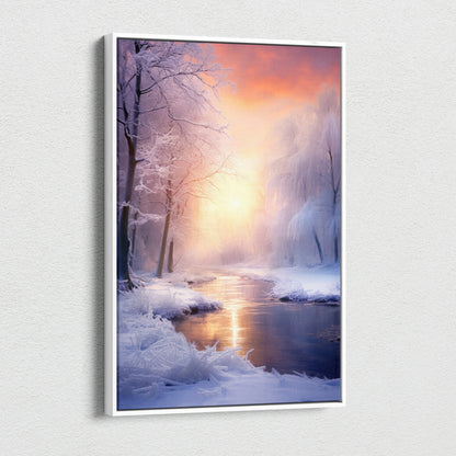 Canvas wall art depicting a snowy winter landscape with a glowing orange and pink sunset over a calm river.