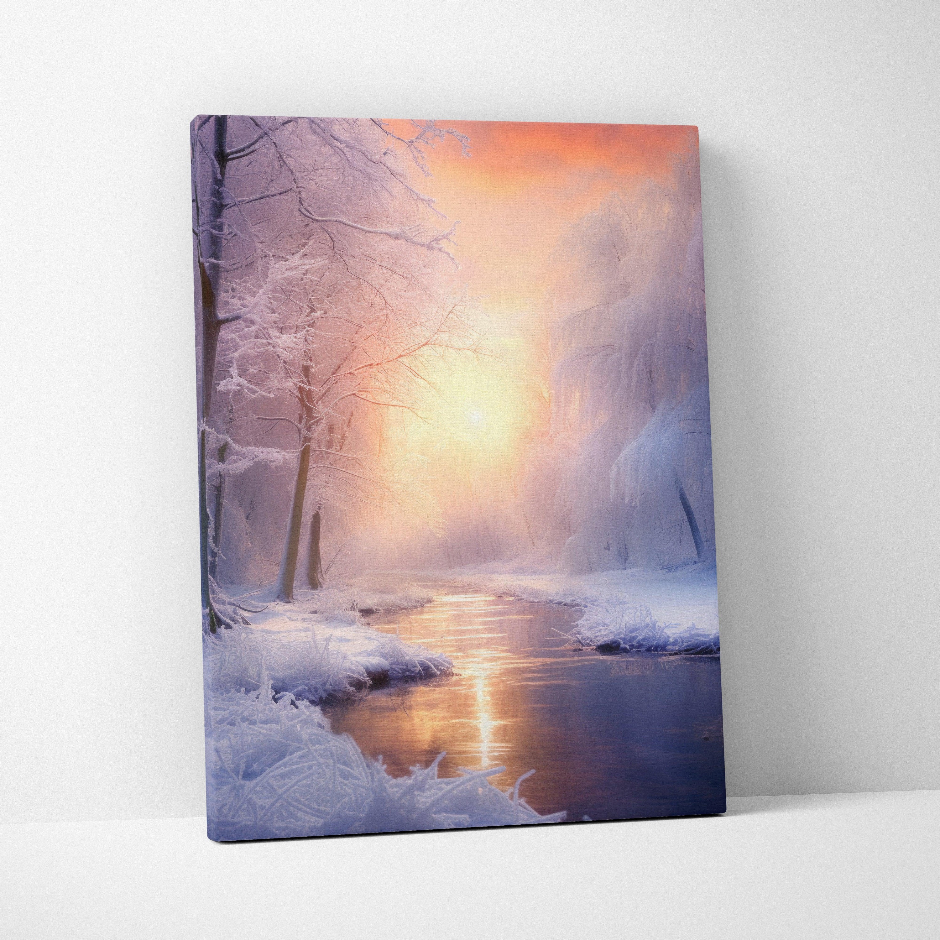Canvas wall art featuring a snowy winter landscape with a glowing orange and purple sunset over a reflective river.