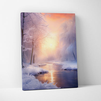 Canvas wall art featuring a snowy winter landscape with a glowing orange and purple sunset over a reflective river.