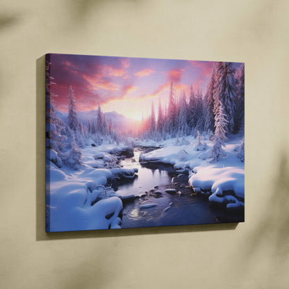 Canvas wall art of a snowy winter river landscape with purple and pink sunset sky decor.