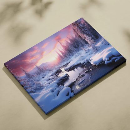 Canvas wall art depicting a snowy winter landscape with a purple and orange sunset sky over a frozen river and snow-covered.