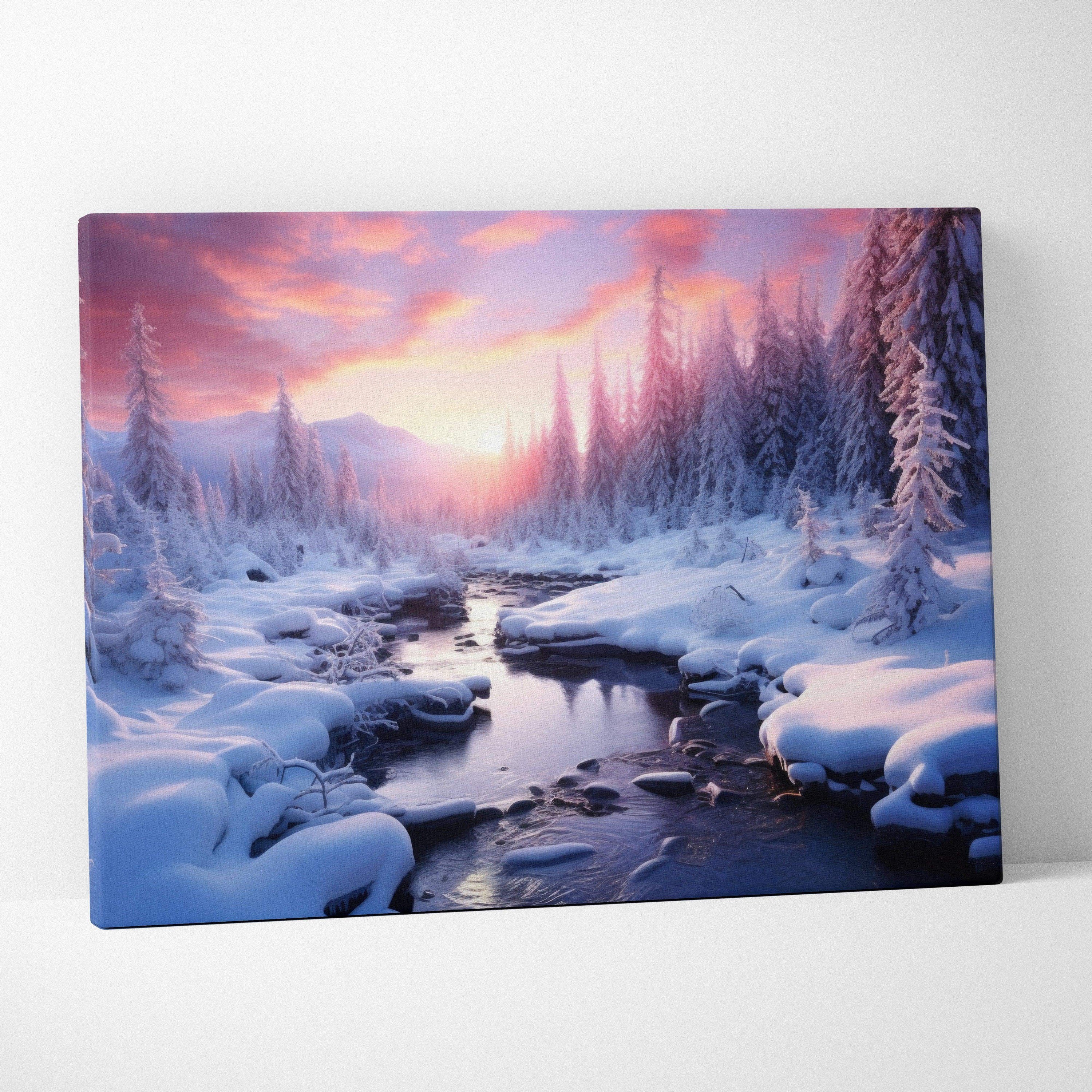 Dreamy winter snowy sunset landscape canvas wall art with soft pink and purple hues over a frozen river and snow-covered.
