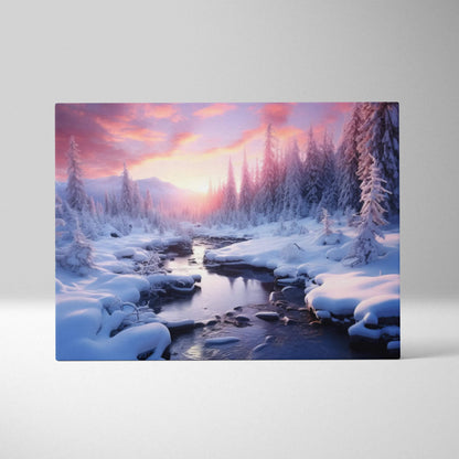 Canvas wall art featuring a snowy forest landscape at sunset with pink and purple skies and a flowing stream.