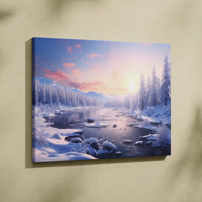 Winter snowy sunset landscape canvas wall art with icy river and frosted trees decor.