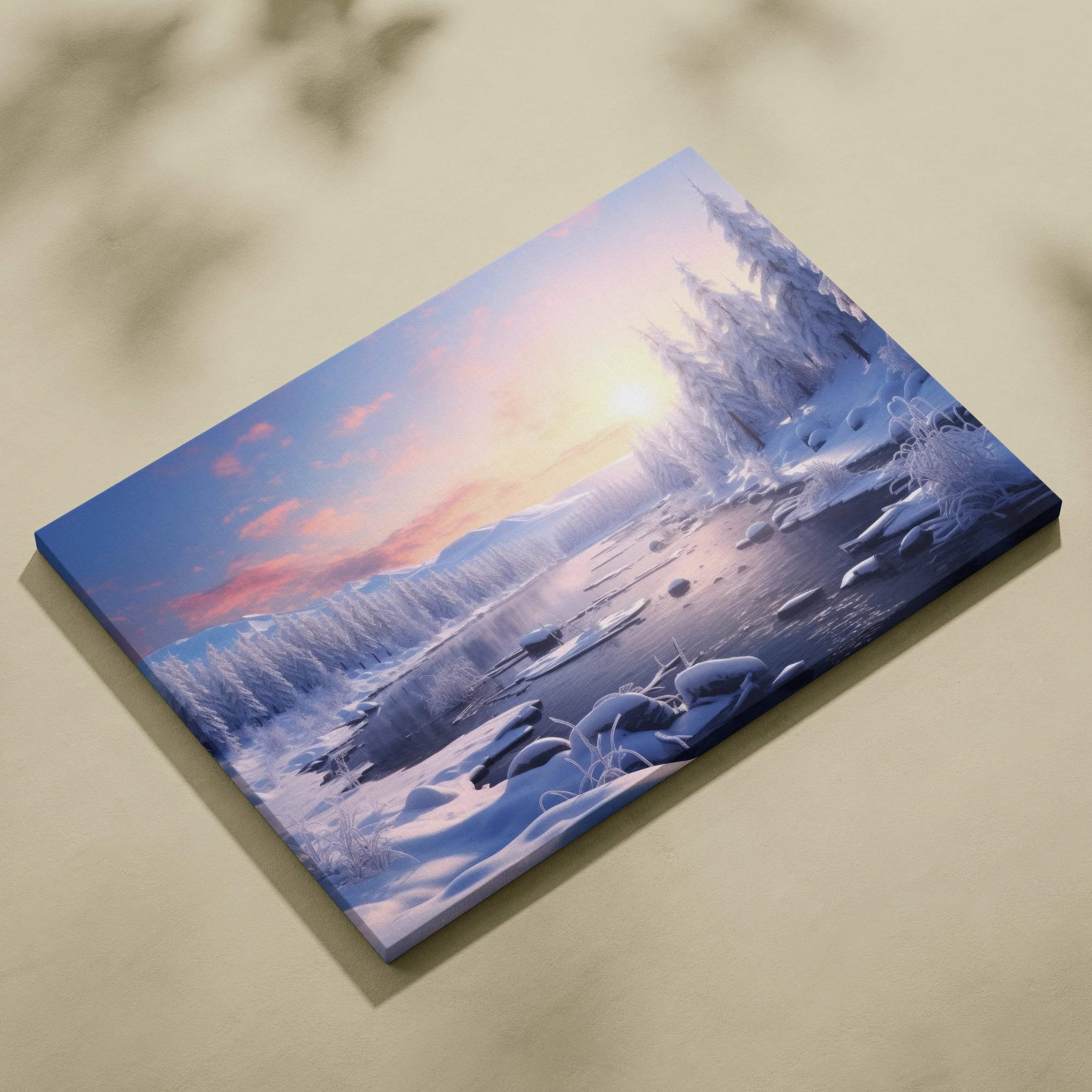 Winter landscape canvas wall art featuring a snowy forest and frozen river at sunset with soft pastel skies.