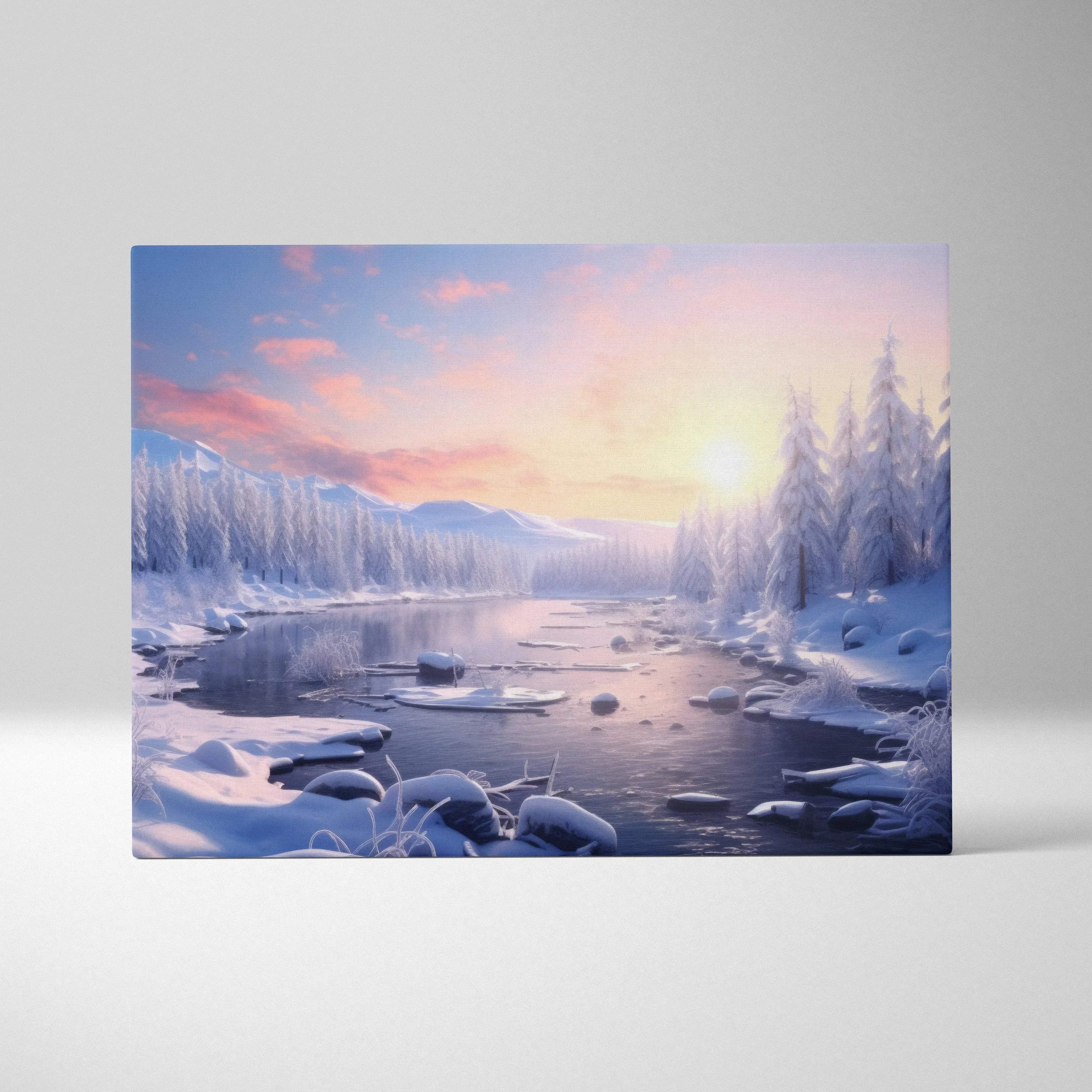 Canvas wall art of a snowy frozen lake at sunset with pink and orange sky and pine trees covered in snow.