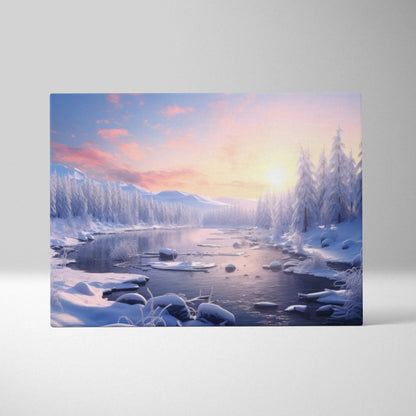 Canvas wall art of a snowy frozen lake at sunset with pink and orange sky and pine trees covered in snow.
