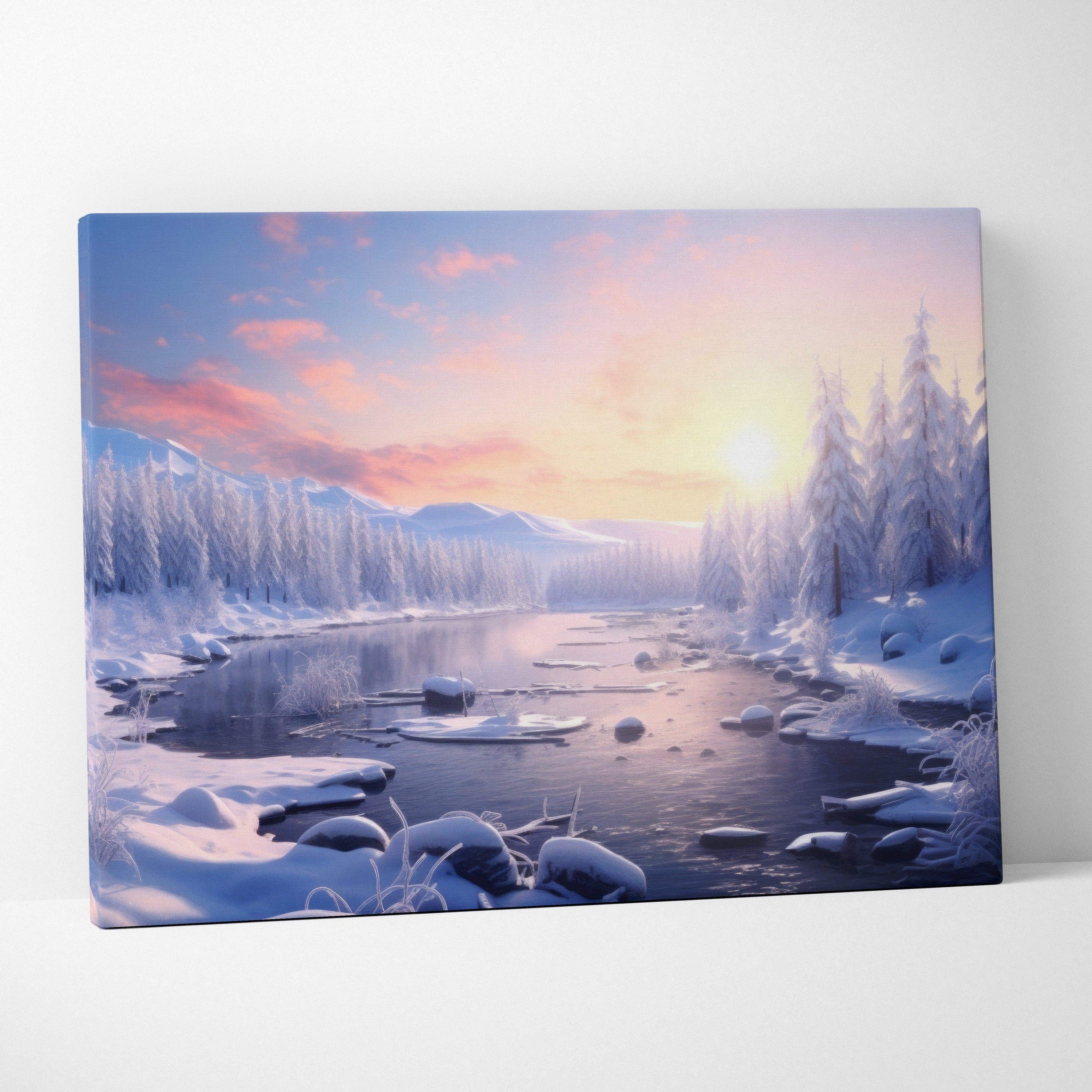 Canvas wall art featuring a snowy winter landscape with a calm river, snow-covered trees, and a soft pink and orange sunset.