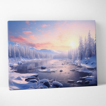 Canvas wall art featuring a snowy winter landscape with a calm river, snow-covered trees, and a soft pink and orange sunset.