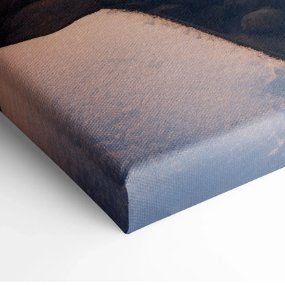 Winter snowy landscape canvas wall art with dreamy sunset tones, vertical decor panel.