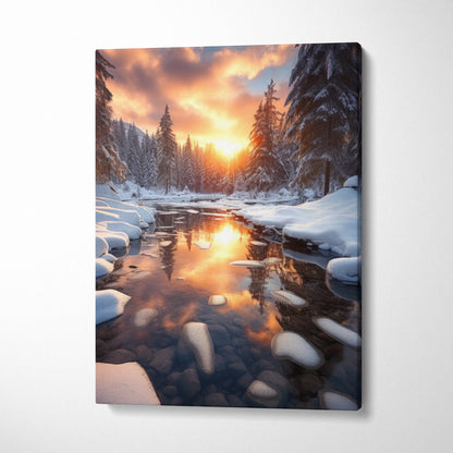 Winter snowy sunset landscape canvas wall art with river reflection and pine trees.