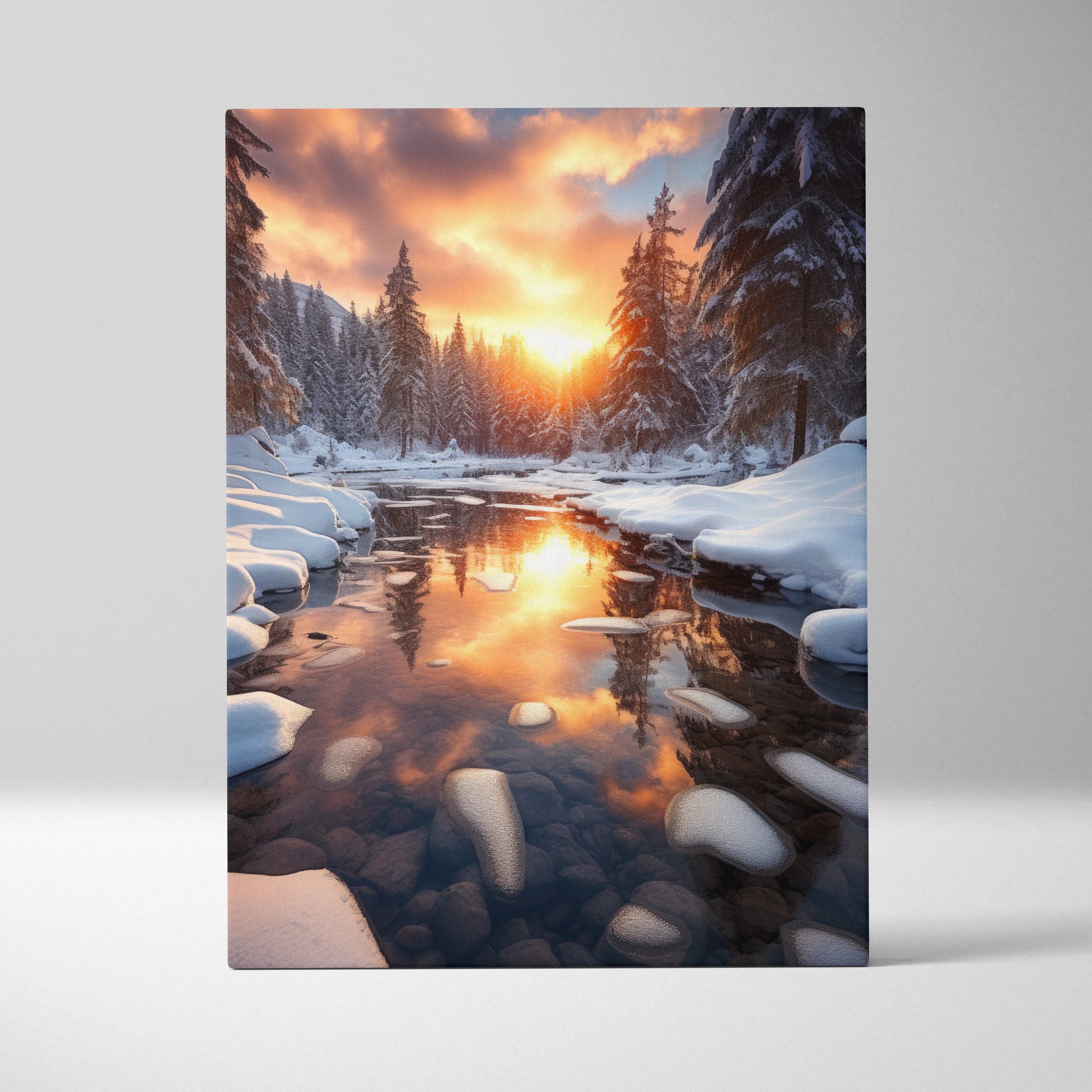 Winter snowy river at sunset canvas wall art with warm glowing sky and pine trees.