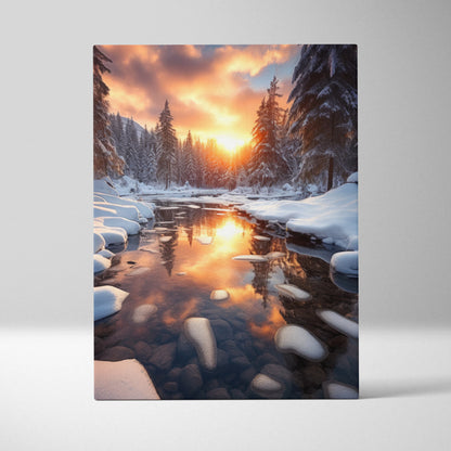 Winter snowy river at sunset canvas wall art with warm glowing sky and pine trees.