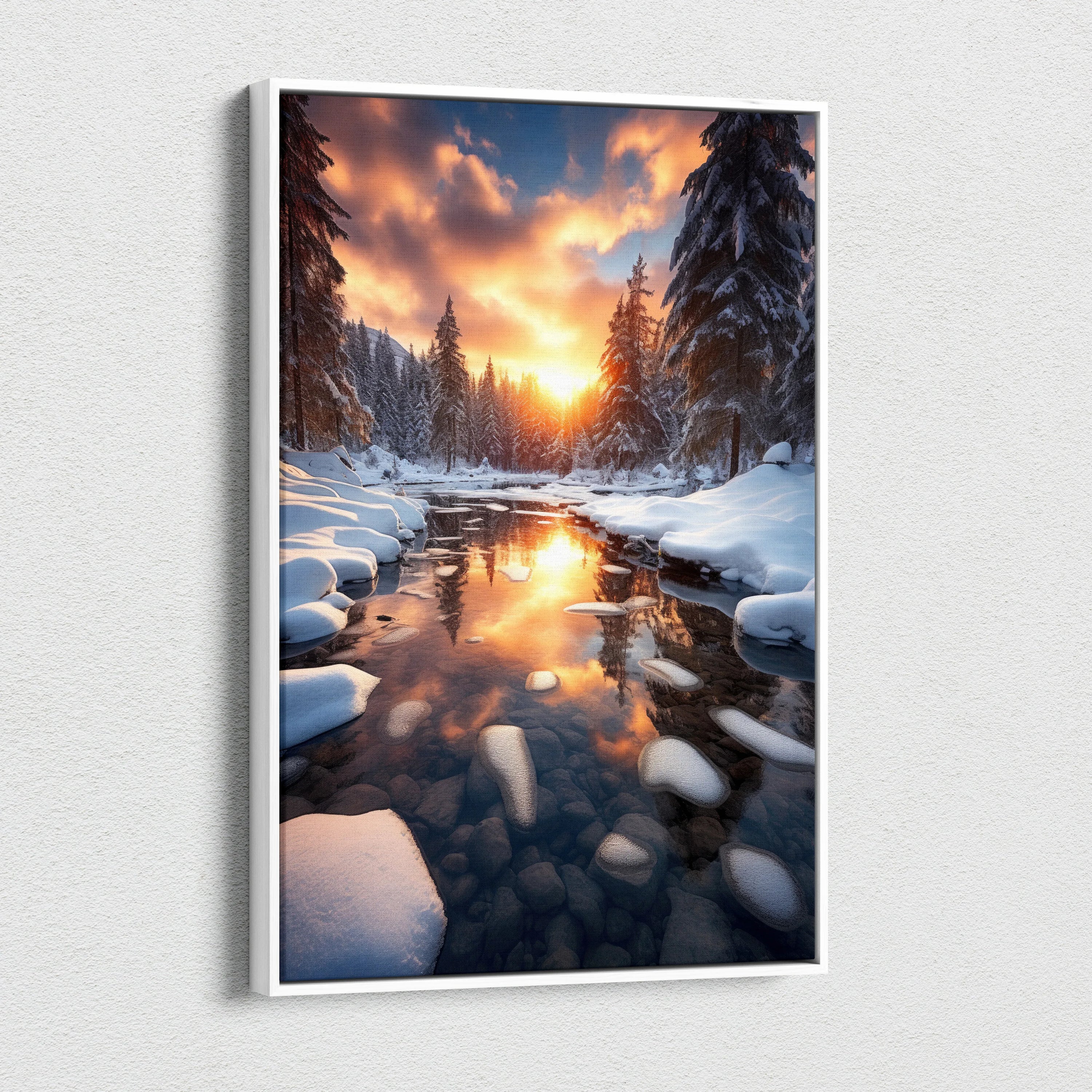 Vertical canvas wall art featuring a snowy forest landscape with a glowing sunset reflected in a calm river.