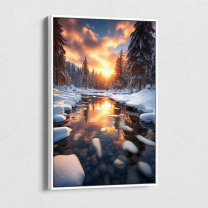 Vertical canvas wall art featuring a snowy forest landscape with a glowing sunset reflected in a calm river.