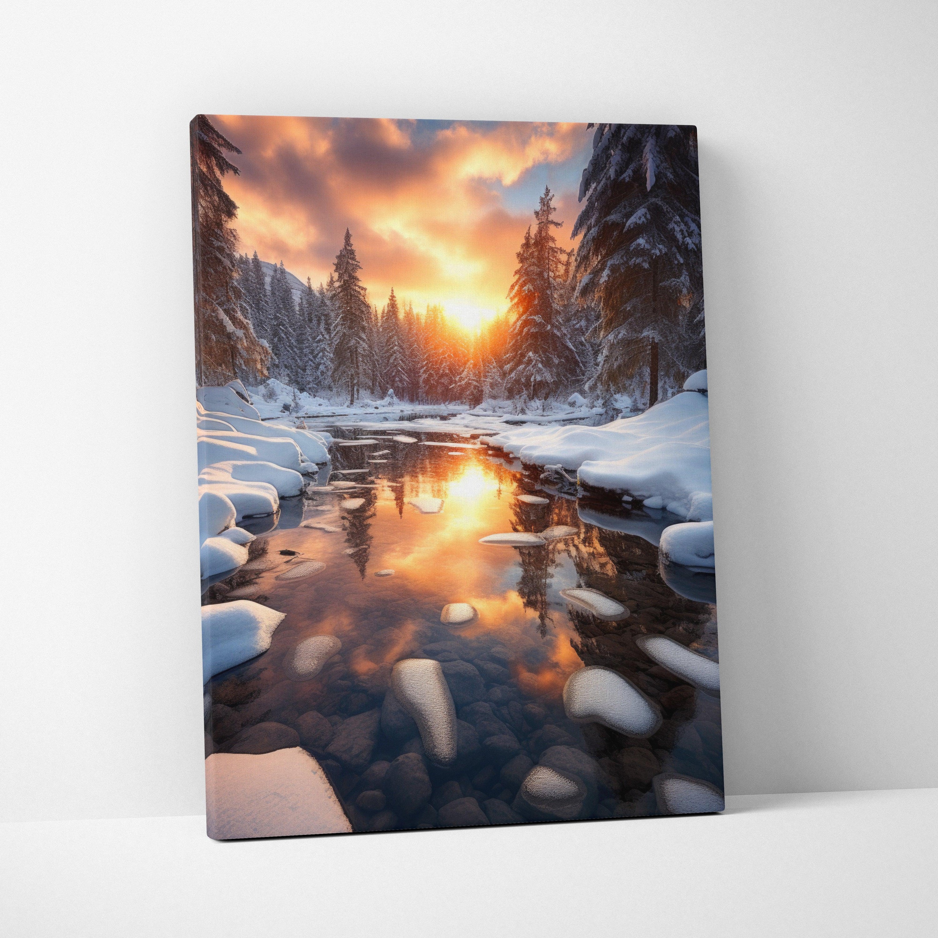 Winter snowy sunset landscape canvas wall art with river reflection and pine trees.