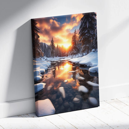 Canvas wall art featuring a snowy forest landscape at sunset with warm orange and purple skies reflecting on a clear river.