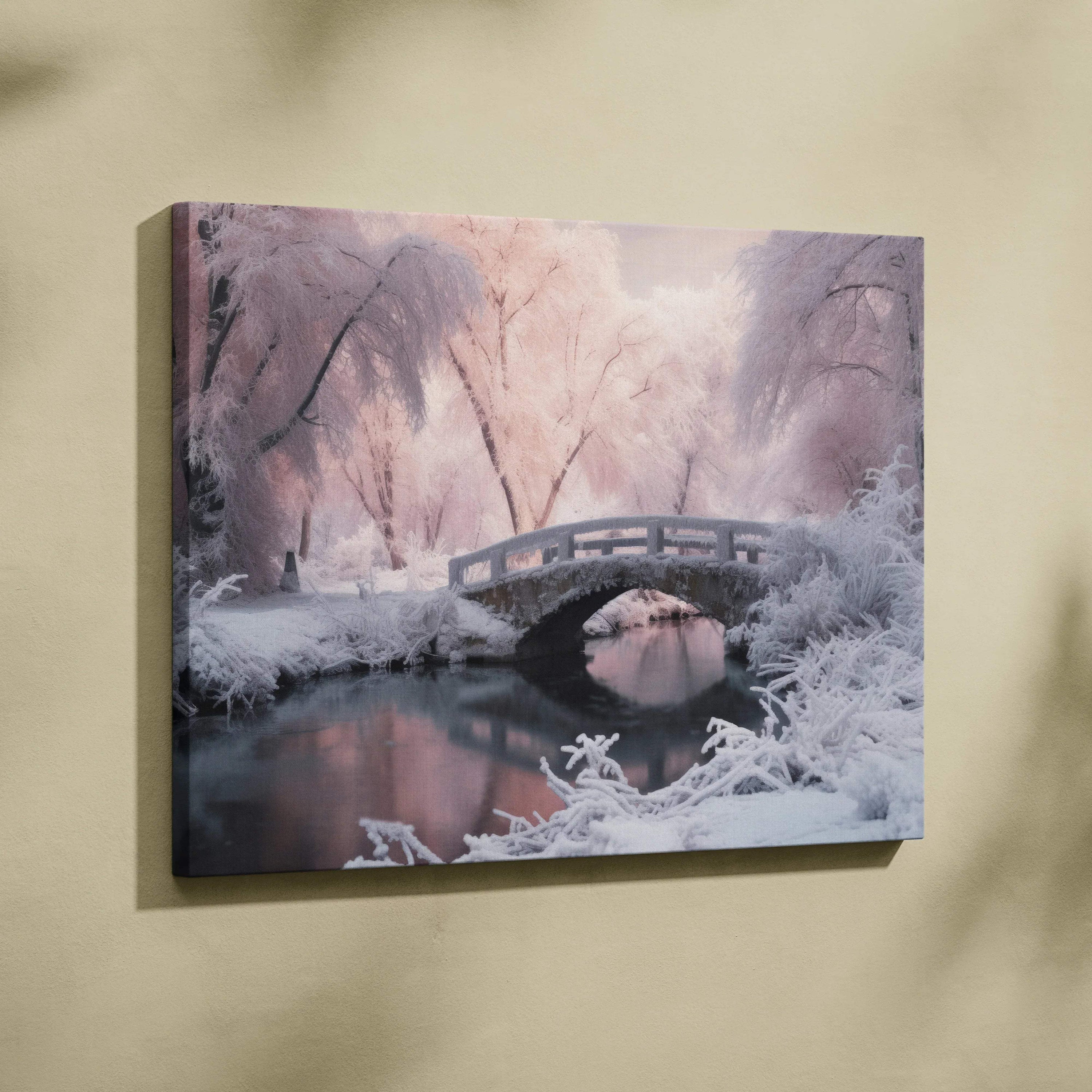 Canvas wall art featuring a snowy winter bridge over a serene, reflective stream with soft pink and purple dusk lighting.