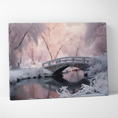 Canvas art featuring a snowy stone bridge over a calm river at dusk with soft pink and purple winter trees.