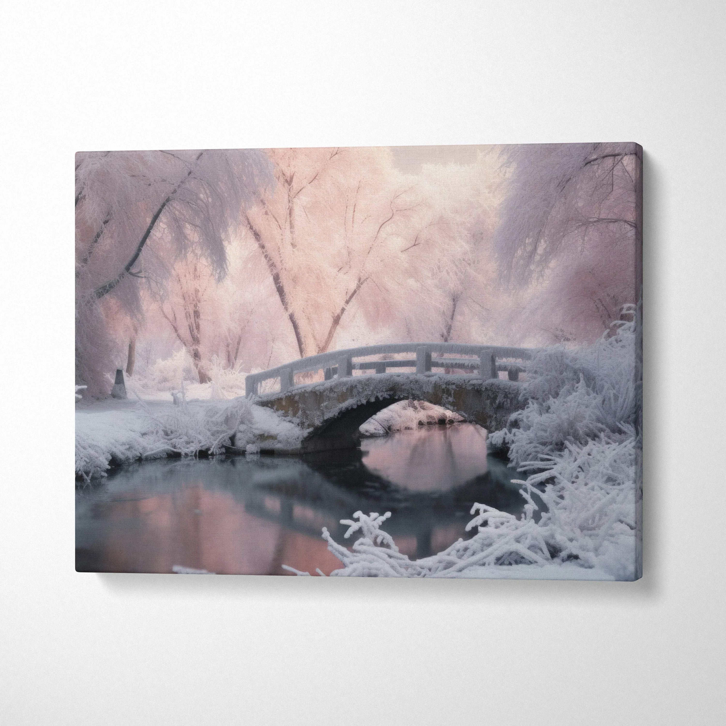 Canvas wall art depicting a serene snowy bridge over a calm river in a soft pink and purple winter landscape at dusk.
