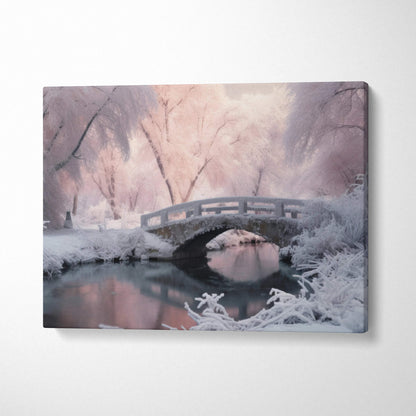 Canvas wall art depicting a serene snowy bridge over a calm river in a soft pink and purple winter landscape at dusk.