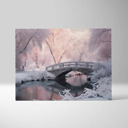 Canvas art of a serene snowy bridge over calm water with soft pink and white winter trees at dusk.