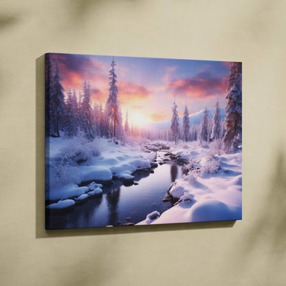 Canvas wall art depicting a snowy river scene at sunset with purple and orange skies and snow-covered trees.