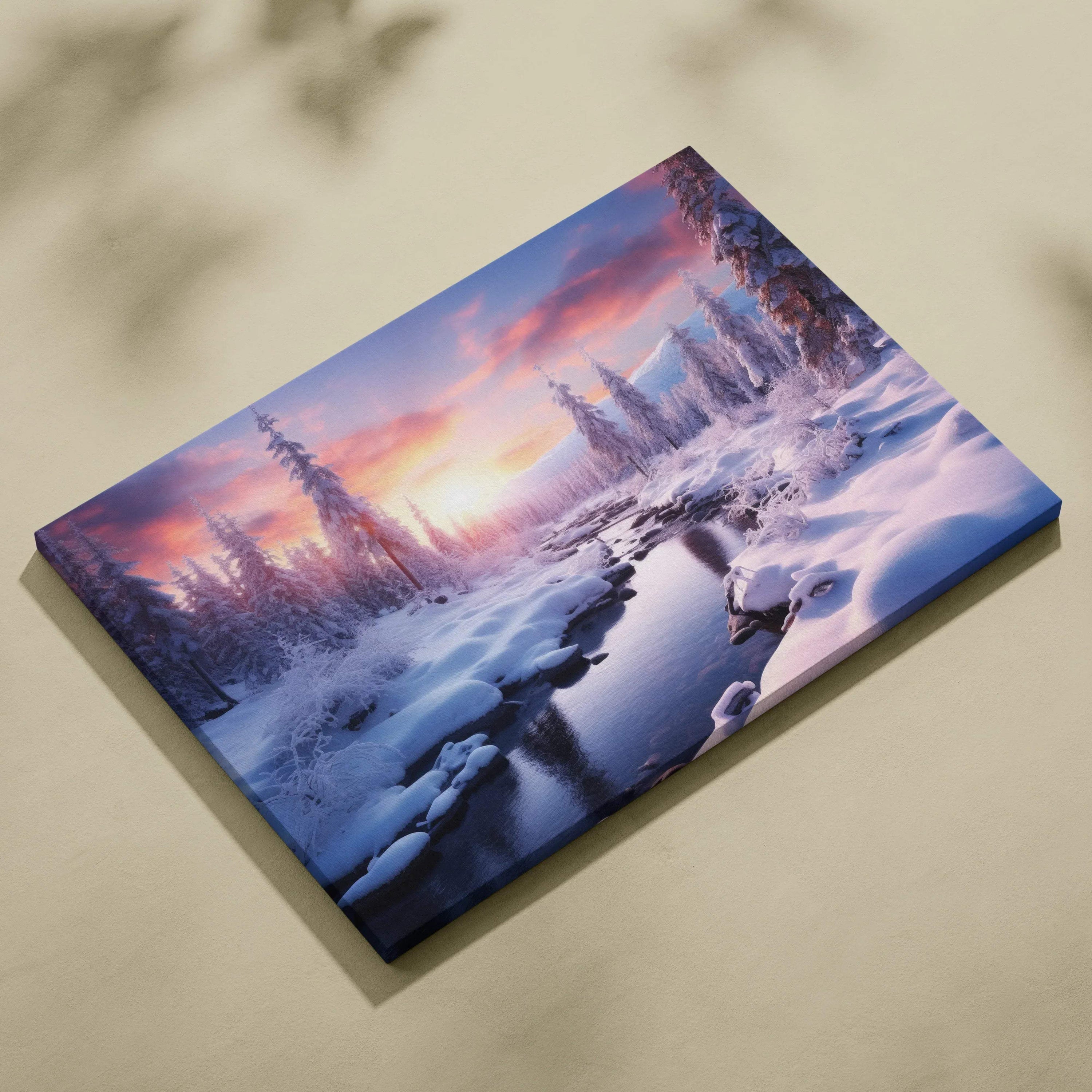 Canvas wall art featuring a snowy winter landscape with a small river at sunset in soft purples and warm oranges.