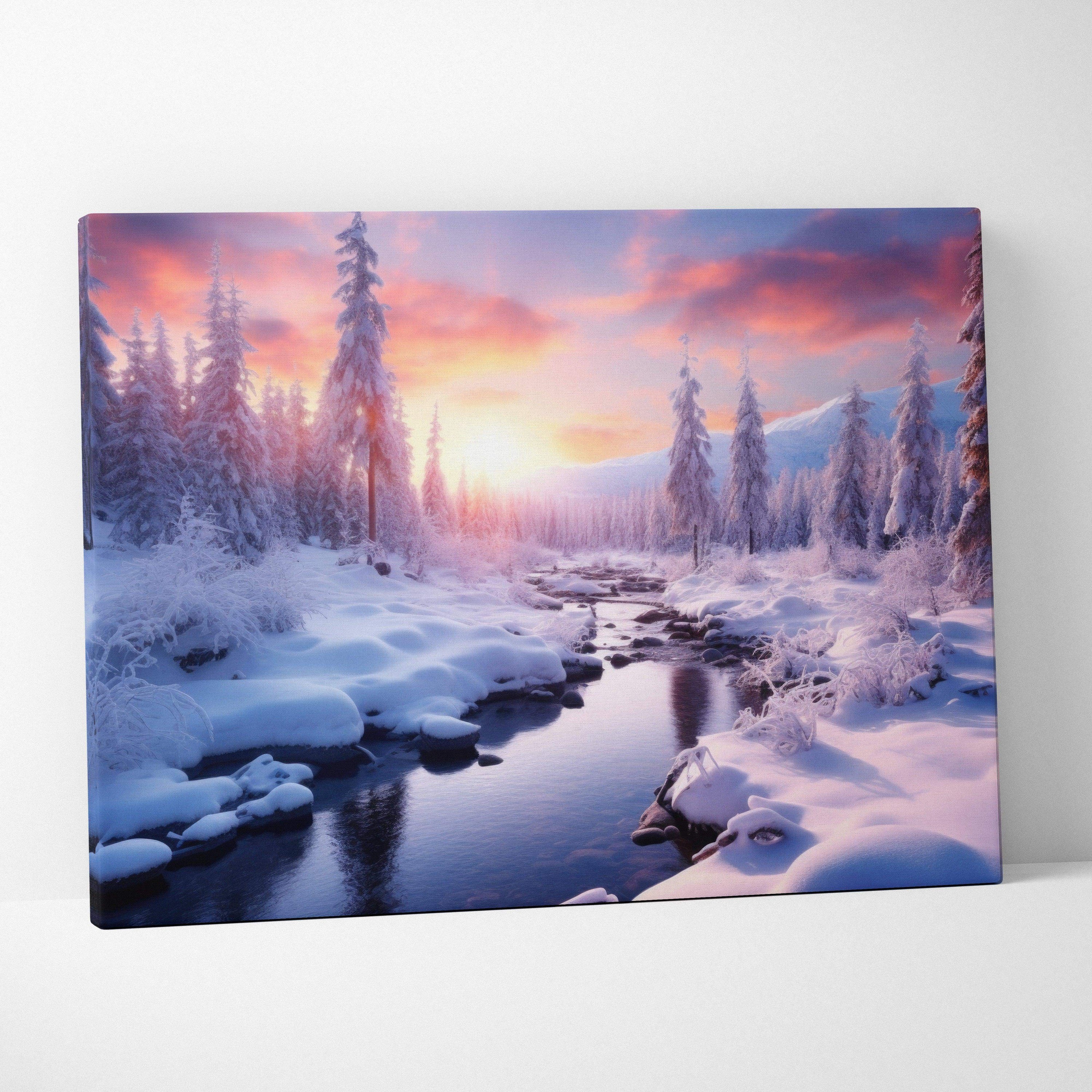 Winter snowy landscape canvas wall art featuring a small river at sunset with purple and orange sky tones.