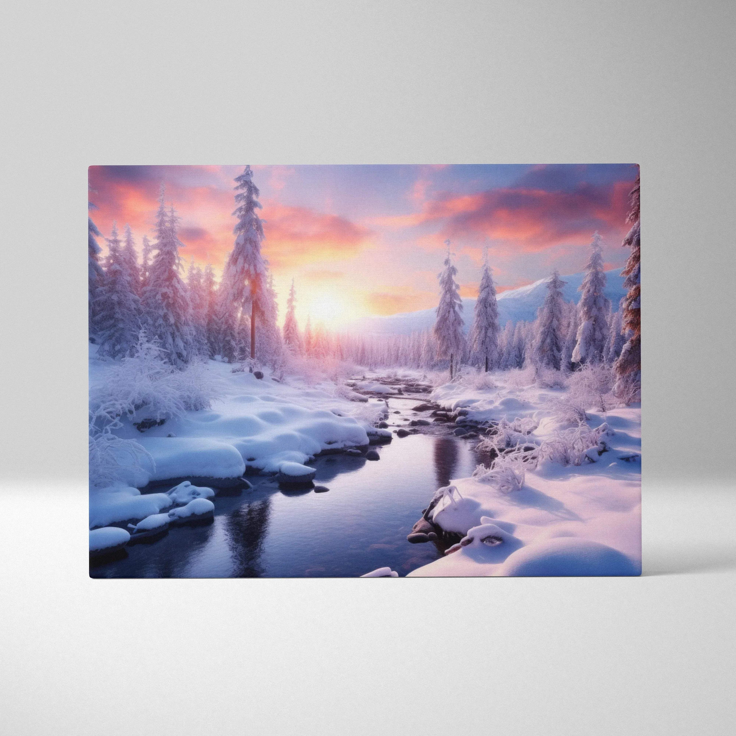 Canvas wall art depicting a snowy winter landscape with a small river and vibrant sunset sky in pink and orange hues.
