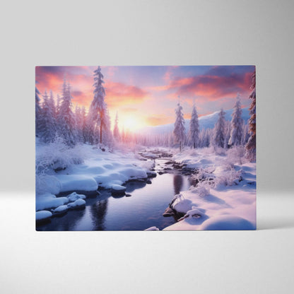 Canvas wall art depicting a snowy winter landscape with a small river and vibrant sunset sky in pink and orange hues.