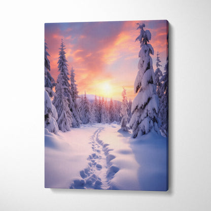 Winter snowy forest sunset canvas featuring footsteps through deep snow, vertical wall art decor.