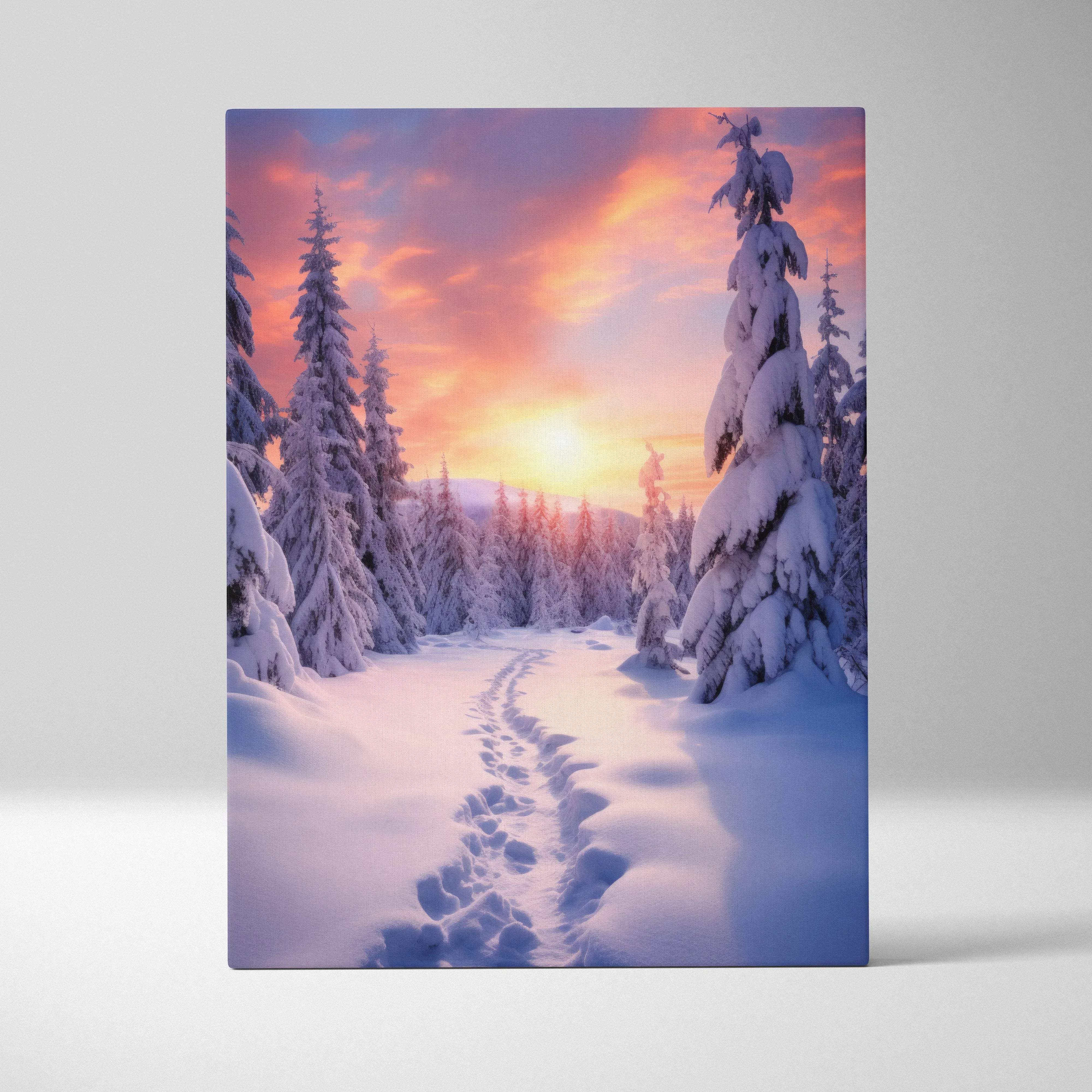 Serene winter landscape canvas wall art featuring snow-covered pine trees and a vibrant pink orange sunset sky
