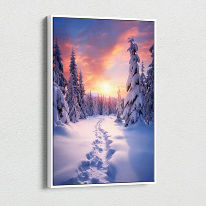 Canvas wall art featuring a snowy forest path at sunset with vibrant pink and orange skies.