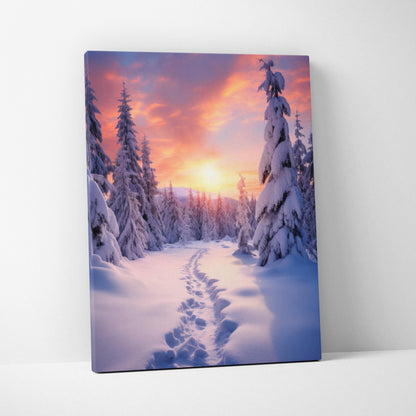 Canvas wall art featuring a snowy forest path under a vibrant orange and purple sunset sky, perfect for home decor.