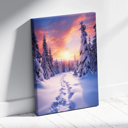 Canvas wall art featuring a snowy forest path with tall pine trees under a vibrant orange and purple sunset sky.